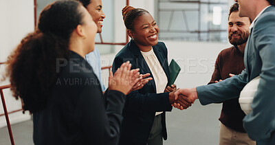 Buy stock photo Handshake, discussion and business people in office with contractor for renovation deal or agreement. Applause, meeting and employee shaking hands with construction foreman for workplace remodeling.