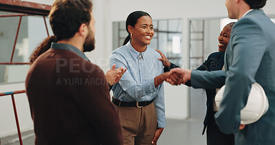 Buy stock photo Handshake, applause and business people in office with contractor for renovation deal or agreement. Clapping, discussion and employee shaking hands with construction foreman for workplace remodeling.