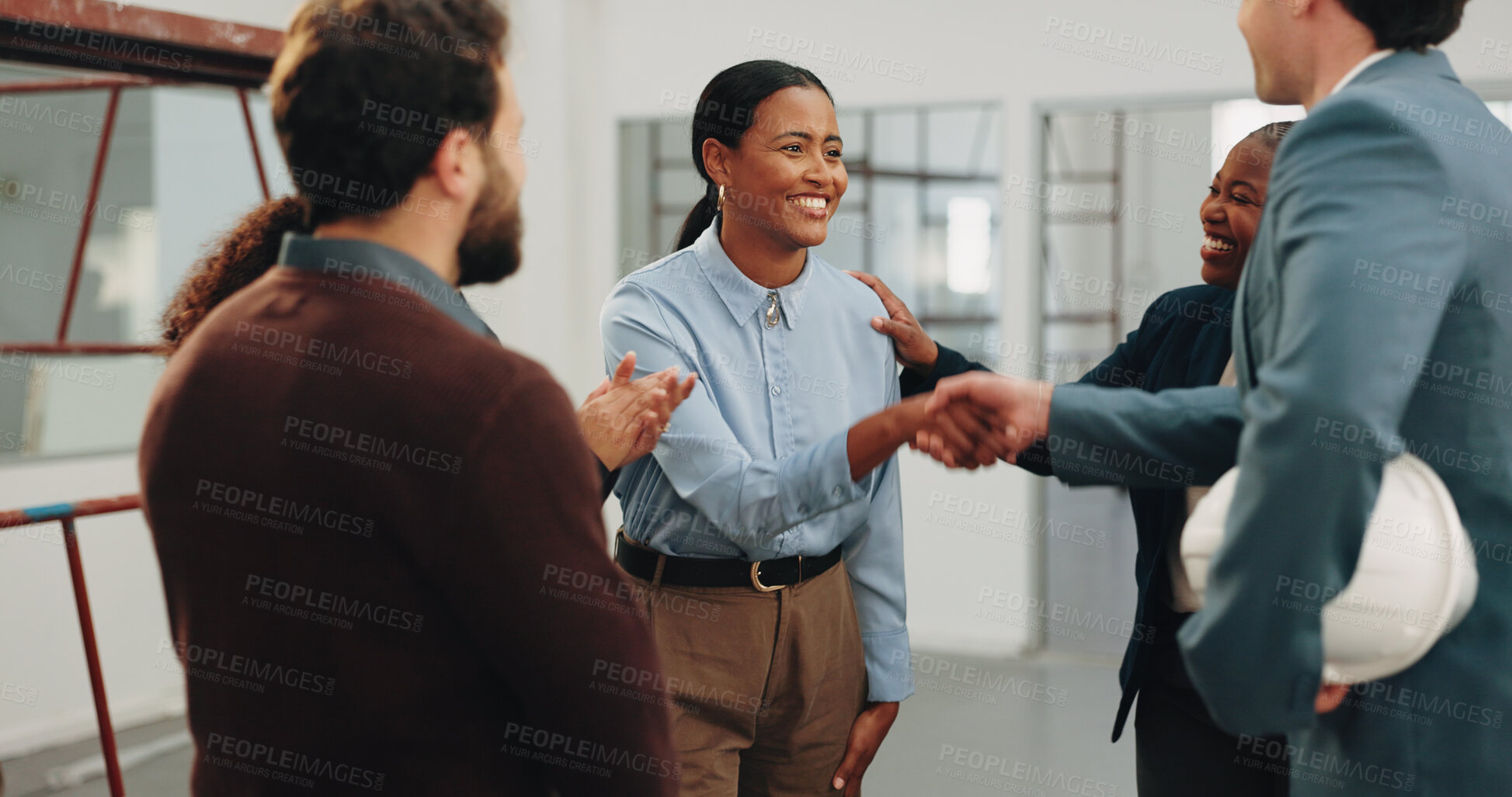 Buy stock photo Handshake, applause and business people in office with contractor for renovation deal or agreement. Clapping, discussion and employee shaking hands with construction foreman for workplace remodeling.