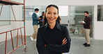 Crossed arms, happy and portrait of businesswoman in office with confidence for remodeling project. Smile, about us and corporate employee with pride for startup company with workplace renovation.
