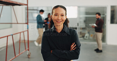 Buy stock photo Crossed arms, happy and portrait of businesswoman in office with confidence for remodeling project. Smile, about us and corporate employee with pride for startup company with workplace renovation.
