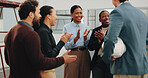 Applause, happy and business people in office with teamwork, renovation and finance goals. Happy, clapping and group of financial advisors with celebration for remodeling approval in workplace.
