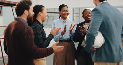 Buy stock photo Applause, smile and business people in office with teamwork, renovation and finance goals. Happy, clapping and group of financial advisors with celebration for remodeling approval in workplace.