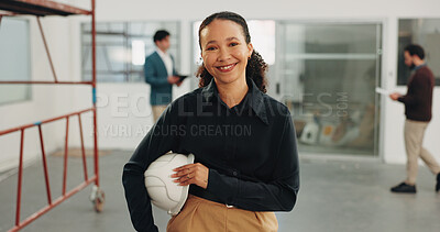 Buy stock photo Portrait, woman and smile with helmet for construction, building renovation or code compliance. Engineering consultant, happy person and about us with PPE for site visit, remodeling project or safety
