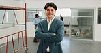 Crossed arms, smile and portrait of businessman in office with confidence for remodeling project. Happy, about us and corporate employee with pride for startup company with workplace renovation.