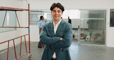 Buy stock photo Crossed arms, smile and portrait of businessman in office with confidence for remodeling project. Happy, about us and corporate employee with pride for startup company with workplace renovation.