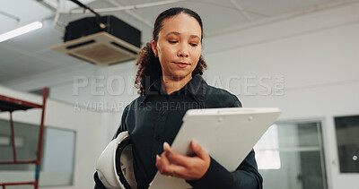 Buy stock photo Renovation, inspection and woman with clipboard for evaluation, building report and safety compliance. Contractor, documents and person with review for remodeling project, architecture and property