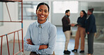 Crossed arms, smile and portrait of businesswoman in office with confidence for remodeling project. Happy, about us and corporate employee with pride for startup company with workplace renovation.