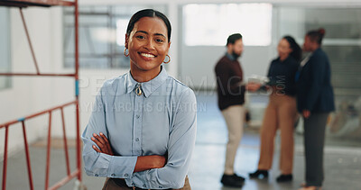 Buy stock photo Crossed arms, smile and portrait of businesswoman in office with confidence for remodeling project. Happy, about us and corporate employee with pride for startup company with workplace renovation.