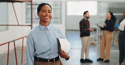 Buy stock photo Business, woman and happy with helmet for construction, building renovation and code compliance. Engineering consultant, confidence and portrait with PPE for site visit, project lead and inspection