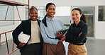 Smile, women and portrait of construction workers in office with renovation, about us or team. Happy, crossed arms and group of civil engineers with pride for workplace remodeling in collaboration.