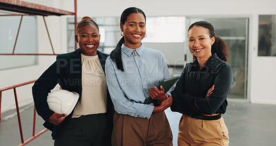 Buy stock photo Smile, women and portrait of construction workers in office with renovation, about us or team. Happy, crossed arms and group of civil engineers with pride for workplace remodeling in collaboration.