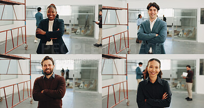 Buy stock photo Arms crossed, collage and portrait of people for building inspection, renovation and about us. Construction site, architect advisor and engineer project with employees for property surveyor and smile 