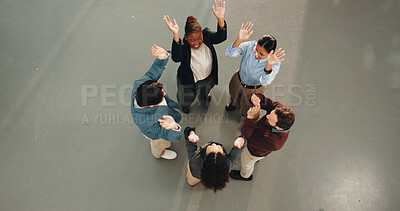 Buy stock photo Business, people and meeting with high five for celebration, team success or winning together. Top view, group or employees with hands in air, huddle or circle for social cohesion or mission on space