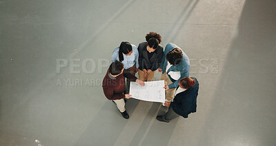 Buy stock photo People, architect and team with blueprint on space for construction project or building development. Top view, group or civil engineer with document for structure planning or architecture design