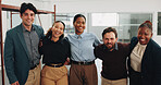Happy, people and portrait of construction workers in office with renovation, about us or team. Smile, industry project and civil engineers with pride for workplace remodeling in collaboration.