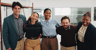 Buy stock photo Happy, people and portrait of construction workers in office with renovation, about us or team. Smile, industry project and civil engineers with pride for workplace remodeling in collaboration.