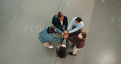 Buy stock photo Diversity, people and hands together with team for business mission, support or trust in unity. Top view, group or employees piling with stack for social cohesion, inclusion or solidarity on space