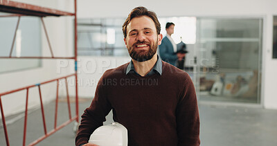 Buy stock photo Business, portrait and man with helmet for construction, building renovation or site inspection. Happy, client representative or PPE on worksite for commercial remodeling, property safety or about us