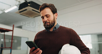 Buy stock photo Phone, reading and architect with man on site for building inspection, renovation and contact. Construction, engineer advisor and real estate project with employee for property surveyor app