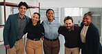 Architect, team and smile portrait on site for building project, pride or remodeling inspection. Architecture, happy people or worksite hug for renovation unity, construction or diversity in industry