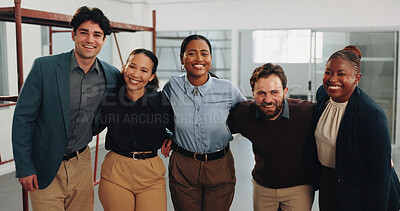 Buy stock photo Architect, team and smile portrait on site for building project, pride or remodeling inspection. Architecture, happy people or worksite hug for renovation unity, construction or diversity in industry