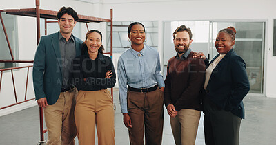 Buy stock photo Architect, team and happy portrait on site for building project, staff pride and inspection unity. Architecture, people and worksite confidence for renovation, construction and diversity in industry