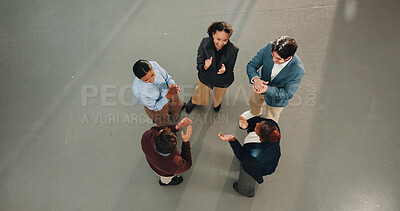 Buy stock photo Applause, above and business people in office with teamwork, winning and finance goals together. Happy, clapping and group of financial advisors with celebration for investment approval in workplace.