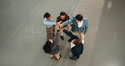 Buy stock photo Business, people and meeting with high five for winning celebration, mission or team success. Top view, group or happy employees with hands together in huddle for unity or solidarity by space
