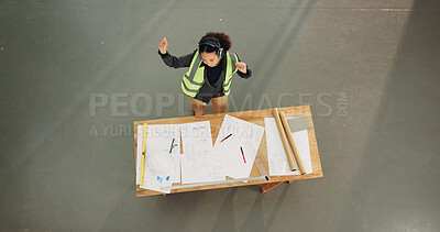 Buy stock photo Dance, architecture and blueprint with above of woman for sketching success, engineer and music. Streaming, floor pan and energy with person and headphones for construction site, renovation and space