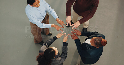 Buy stock photo Business, people and huddle with star sign for collaboration, unity or team solidarity. Top view, group or employees with shape, hands or fingers together in circle for social cohesion or mission