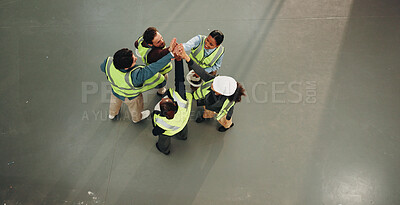 Buy stock photo Engineer, team and high five at worksite for collaboration, project management and support. Above, construction group or people at space for compliance unity, hands together or renovation achievement