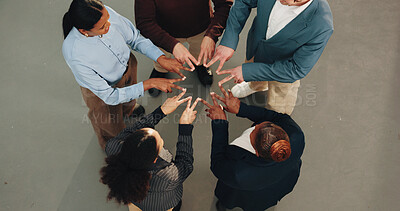 Buy stock photo Business, people and meeting with star sign for collaboration, unity or team solidarity. Top view, group or employees with shape, hands or fingers together in huddle for social cohesion or mission