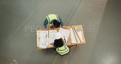 Buy stock photo Architect, people or planning with blueprint for construction strategy, ideas or discussion. Top view, man and woman with documents or floor layout for building project or architecture development