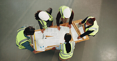 Buy stock photo Architect, people or discussion with blueprint for construction planning or building strategy. Top view, group or contractors with documents for meeting, brainstorming or architecture development