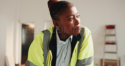 Buy stock photo Construction, woman and engineer thinking at site, maintenance evaluation or building inspection. Contractor, black person and planning development, renovation or problem solving with quality control