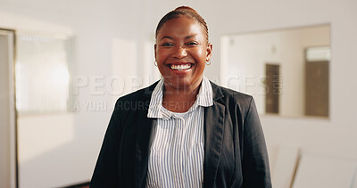 Buy stock photo Portrait, architect and black woman on worksite with smile, pride or commercial property development. Happy, person and experience in building with architecture career, renovation project or about us