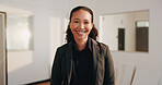 Smile, professional and portrait of businesswoman in office with confidence for creative career. Happy, about us and magazine editor with pride for job opportunity at startup company in workplace.