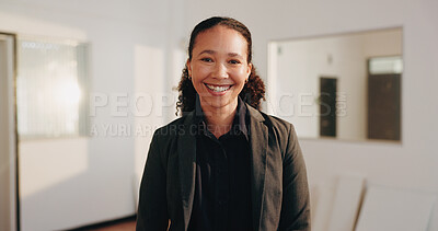 Buy stock photo Smile, professional and portrait of businesswoman in office with confidence for creative career. Happy, about us and magazine editor with pride for job opportunity at startup company in workplace.