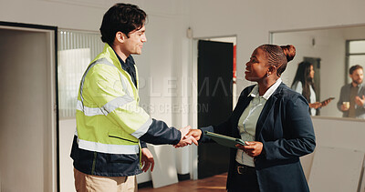 Buy stock photo Engineer, tablet and handshake in building with inspector, compliance success or renovation approval. Happy, people and shaking hands with commercial property manager, tech and engineering project.