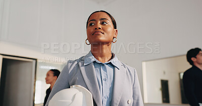 Buy stock photo Thinking, renovation and woman with helmet in building for evaluation, planning and safety compliance. Office, idea and person with ppe for remodeling, architecture project and property inspection