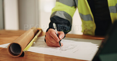 Buy stock photo Construction, blueprint and hands of man for renovation, planning and writing for building layout. Architecture, paper and person with sketch, floorplan and drawing for design, remodeling or property