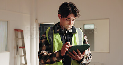 Buy stock photo Construction, project management and tablet with architect man in home for renovation schedule. App, building and interior design with civil engineer in apartment for housing or property development