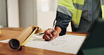 Construction, blueprint and hands of woman for renovation, planning and building layout on desk. Architecture, paper and worker with sketch, floorplan and drawing for design, remodeling and structure