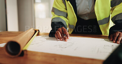Buy stock photo Construction, blueprint and hands of person for renovation, planning and building layout. Architecture, paperwork and worker with sketch, floorplan and drawing for design, remodeling and structure