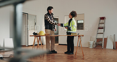 Buy stock photo Happy, architect and handshake on site with engineer, collaboration and design approval for safety. People, smile and shaking hands in building for architecture success, teamwork or quality assurance
