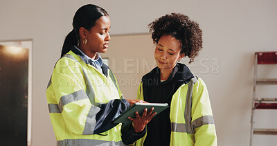 Buy stock photo Architect, women and meeting on site with tablet, review project timeline and discussion for layout. People, talk and schedule with tech for building renovation, architecture and design rendering.