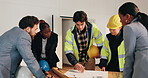 Engineer, team and discussion on site with blueprint, review project timeline or building compliance. People, talk and document in meeting with engineering design, schedule or safety for construction
