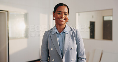 Buy stock photo Happy, professional and portrait of businesswoman in office with confidence for finance career. Smile, about us and financial manager with pride for job opportunity, internship or service at agency.