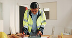 Construction, writing and woman on tablet with blueprint, planning and drawing for building design. Architecture, contractor and person at desk with tech, sketch and remodeling layout for renovation